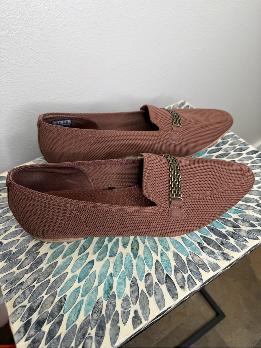 Skechers Knit Slip-On Loafers in Brown with Chain Detail